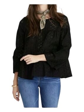 Madewell Black Eyelet Peasant Top size M 100% Cotton.